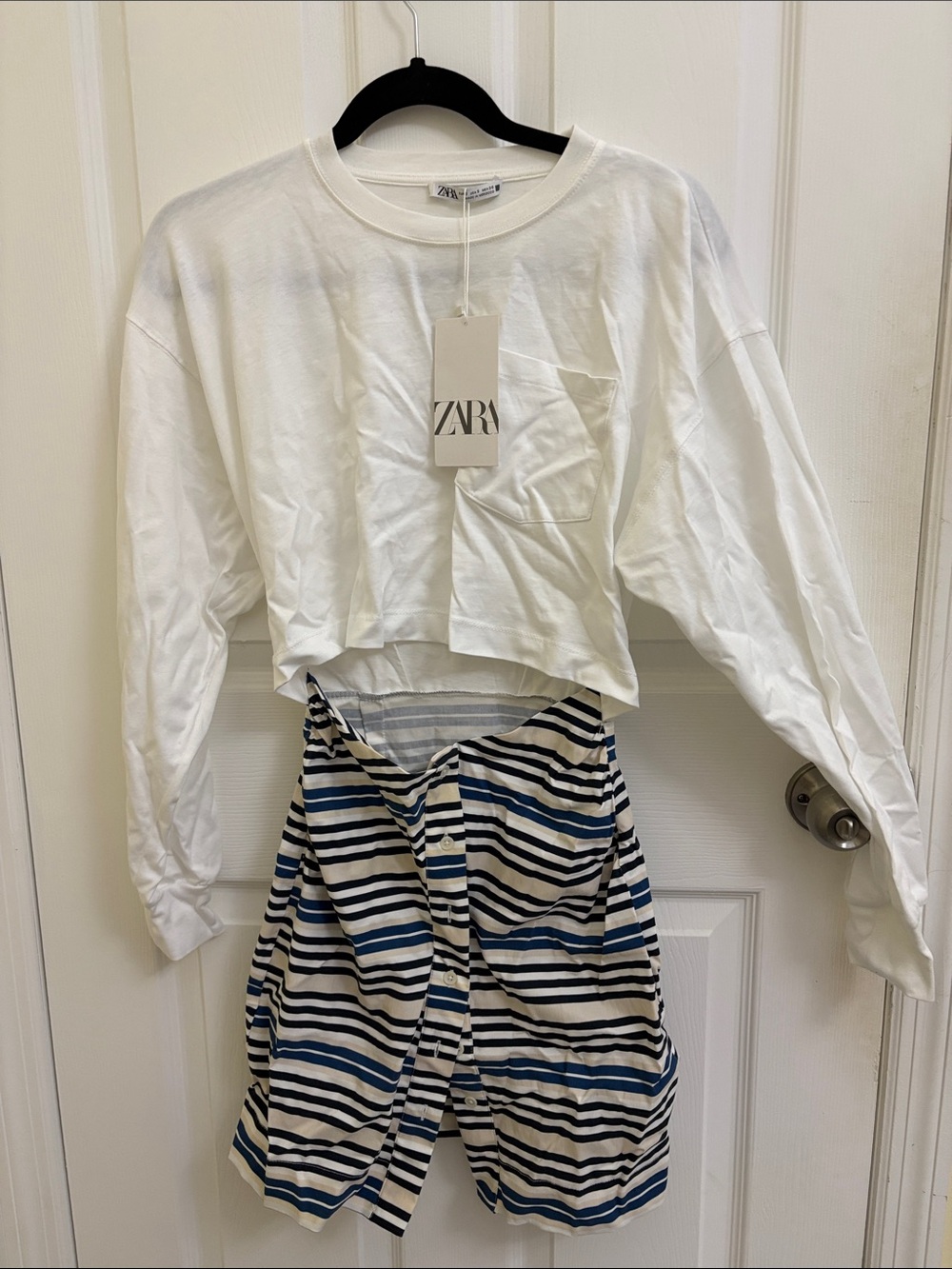 ZARA White Cropped Long Sleeve Top with Navy and Cream Striped Button Skirt - Picture 1 of 3